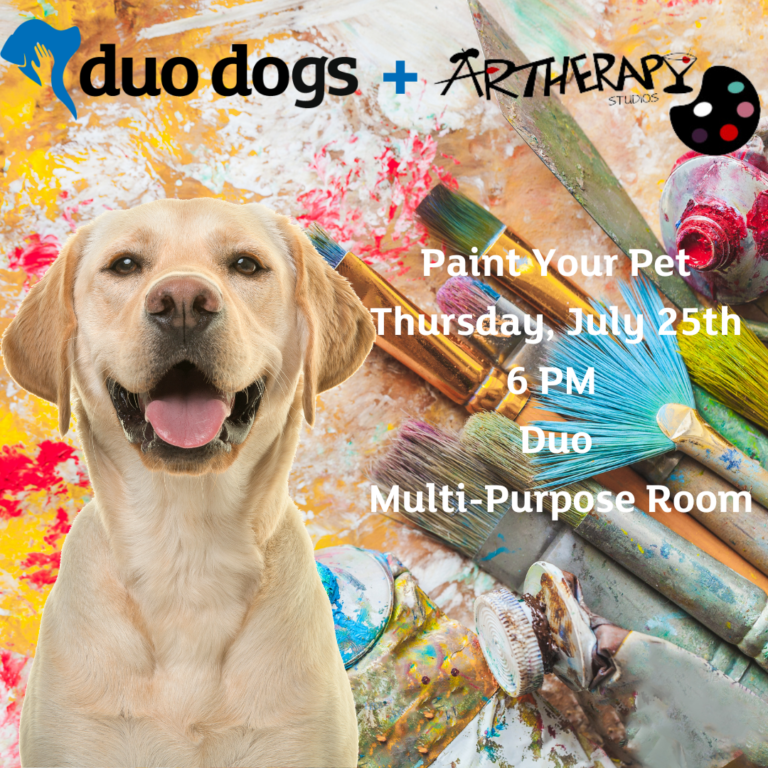 A yellow labrador retriever in front of paint supplies