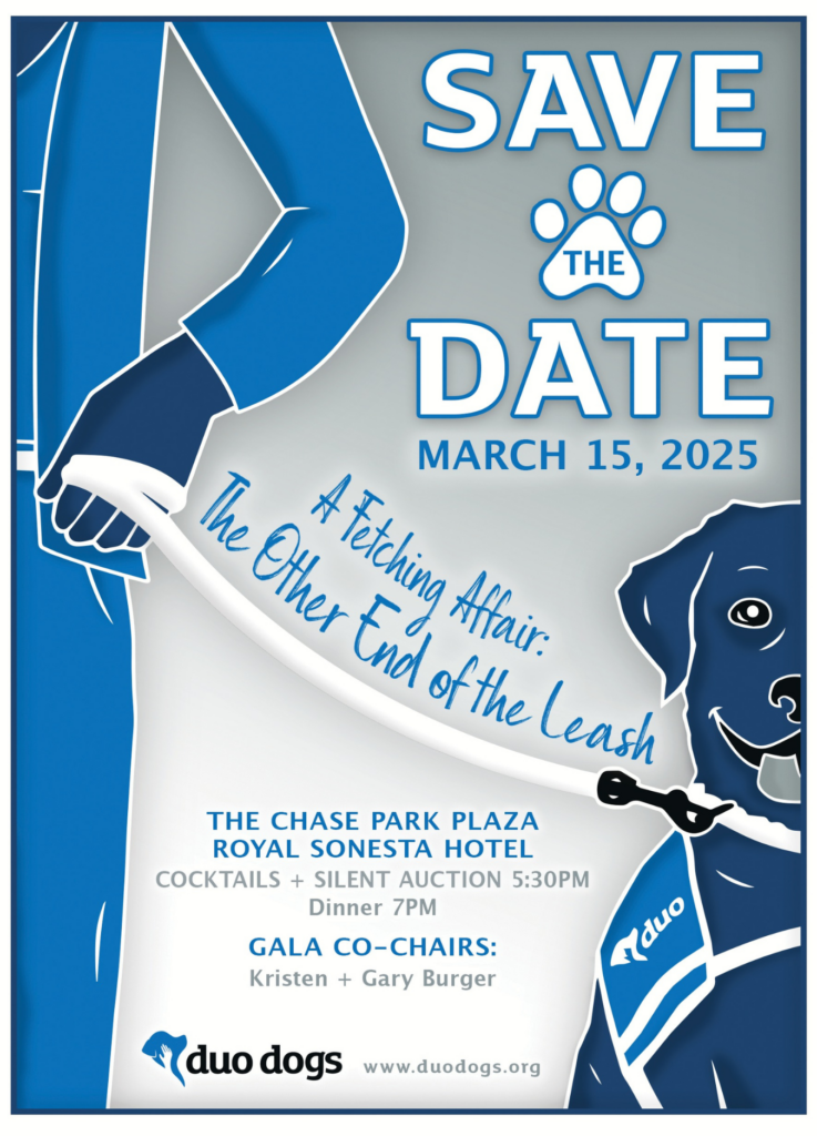 Save the date: March 15, 2025 A Fetching Affair: The Other End of the Leash Image of a person holding a leash connected to a dog wearing a blue Duo cape