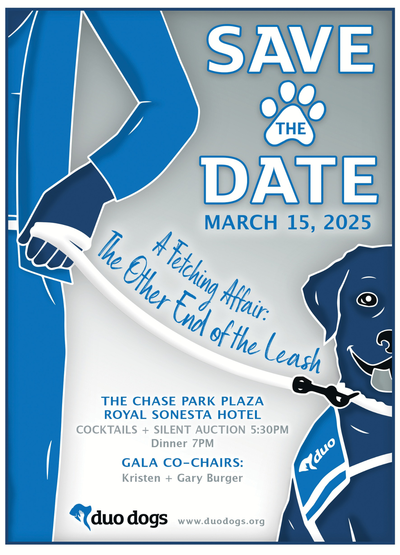 Save the date: March 15, 2025 A Fetching Affair: The Other End of the Leash Image of a person holding a leash connected to a dog wearing a blue Duo cape