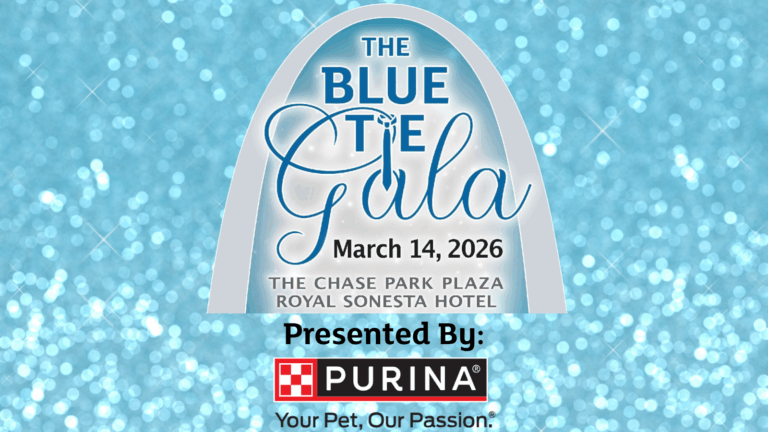 text: The blue tie gala, March 14, 2026 at The Chase Park Plaza Royal Sonesta. Presented by Purina. Image a light blue glitterly background with the silhouette of the St. Louis arch